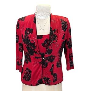 Vintage Alex Evenings Petite Glitter Floral 2-Piece Blazer/Tank Top Red/Black MP